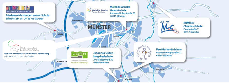 Standorte der Schulsozialarbeit des CVJM Münster im Stadtgebiet